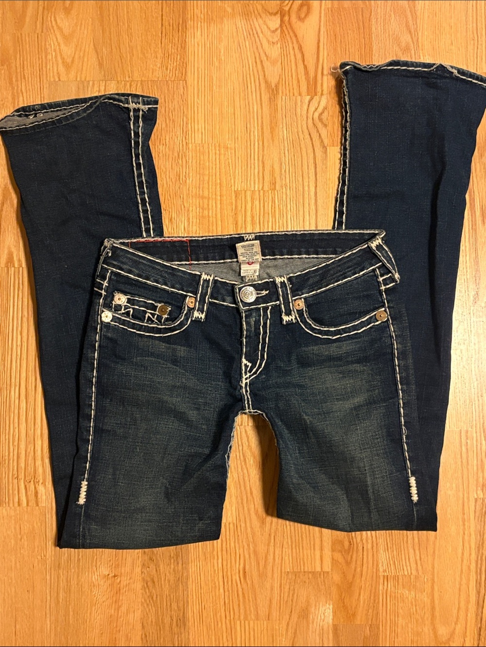 Low Waisted True Religion Contrast Stitch Flare Jeans